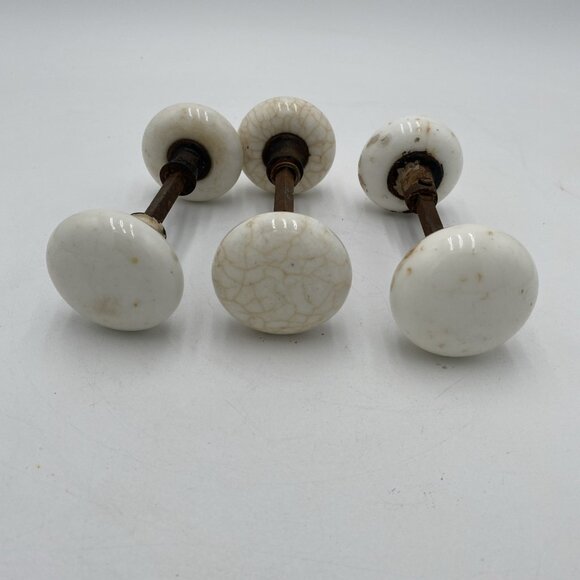 Antique Door Knob Handle Lot Porcelain White Art Deco Victorian VIntage Set 3